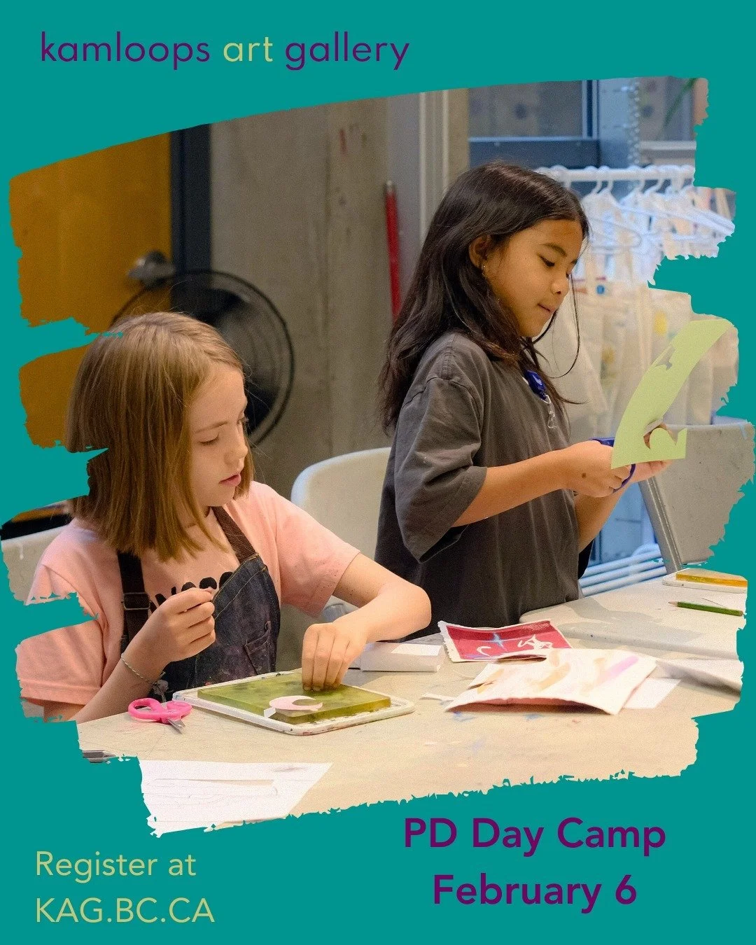 📣 PD Day Camp for February 6 📣 

Friday, February 6 
9:00 am to 3:00 pm 
Ages 5 to 12 
$50 // $45 for members 

Registration required 

Join us for a fun-filled day of art making and exploration at the Kamloops Art Gallery! 

Inviting all young art
