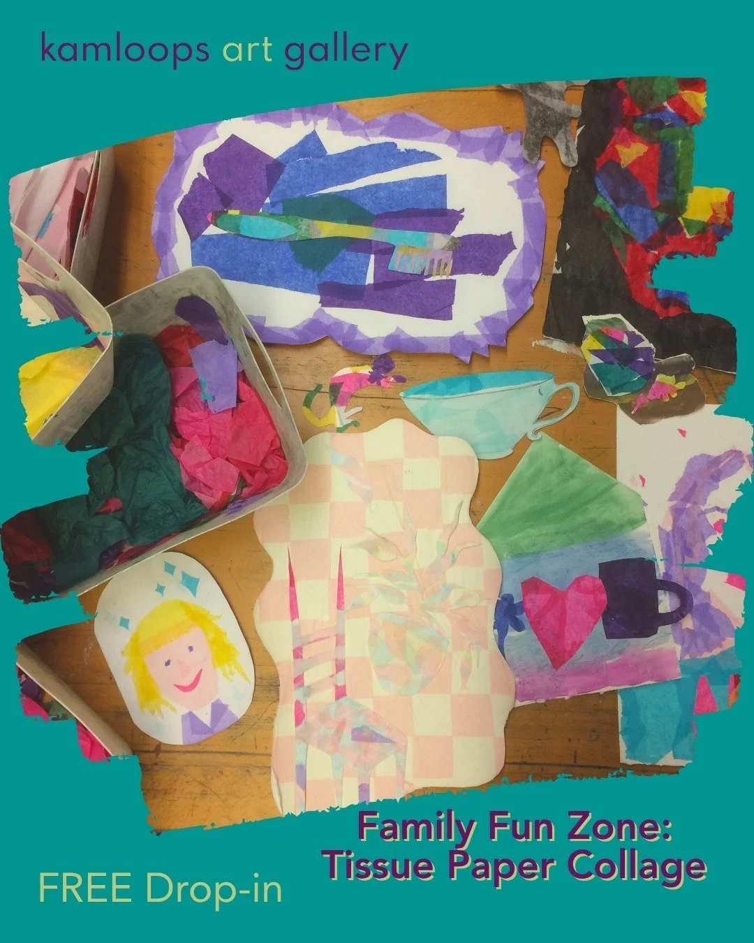 🖼️ Explore the art of tissue paper collage! 👨&zwj;👩&zwj;👧&zwj;👦 

Saturday, April 11 
10:30 to 12:30 pm 
Location: Kamloops Library, Downtown 
Ages 0 to 12 with guardian 
FREE, Drop-in 
 
Play with colour, shape, pattern, and texture as you laye