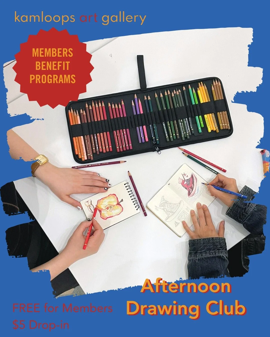 ✍ Members Afternoon Drawing Club ✍️ 

Friday, April 10, 17, and 24 
3:00 to 5:00 pm 
Ages 16+ 
FREE for Members, $5 Drop-in 
 
Join us in the Engagement Space on Friday afternoons to draw, meet new friends, and talk about art. 

Each week will begin 