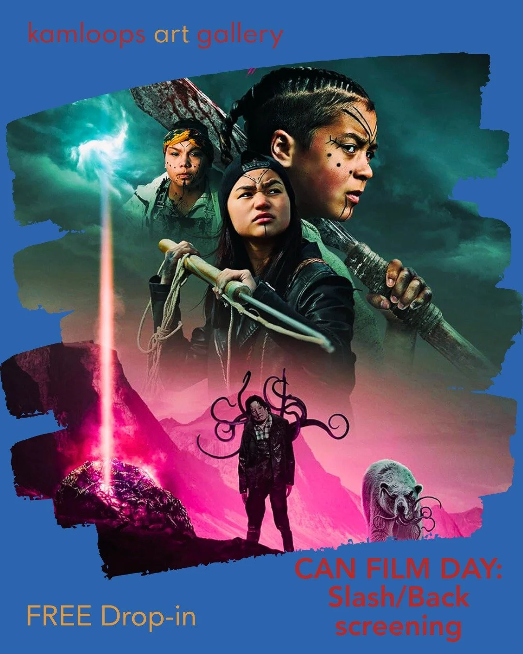 Join us in celebrating National Canadian Film Day! We will be screening Slash/Back in our Studios. 

Thursday, April 16 
6:00 to 8:00pm 
Free, Drop in, 
Ages 14+ 

SLASH/BACK: When an alien invasion rocks the quiet hamlet of Pangnirtung, Nunavut, it 