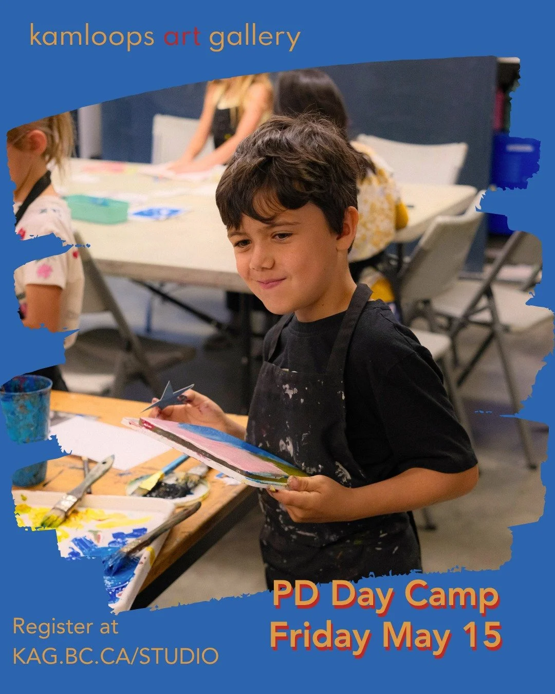 Join us for a fun-filled day of art making and exploration at the Kamloops Art Gallery! 

Friday, May 15 
9:00 am to 3:00 pm 
Ages 5 to 12 
$50 // $45 for members 
Register at kag.bc.ca/studio 

Inviting all young artists to experience the exhibition
