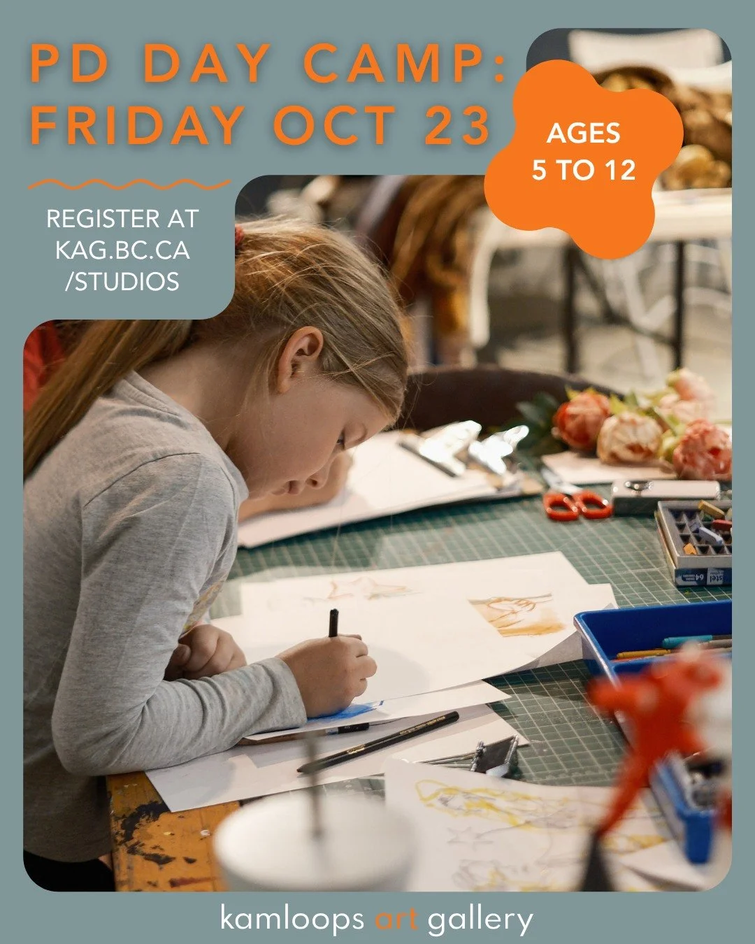 Join us for a fun-filled day of art making and exploration at the Kamloops Art Gallery! 

Friday, October 23 
9:00 am to 3:00 pm 
Ages 5 to 12 
$50 // $45 for members
Register at kag.bc.ca/studio

Inviting young artists to experience the exhibitions 