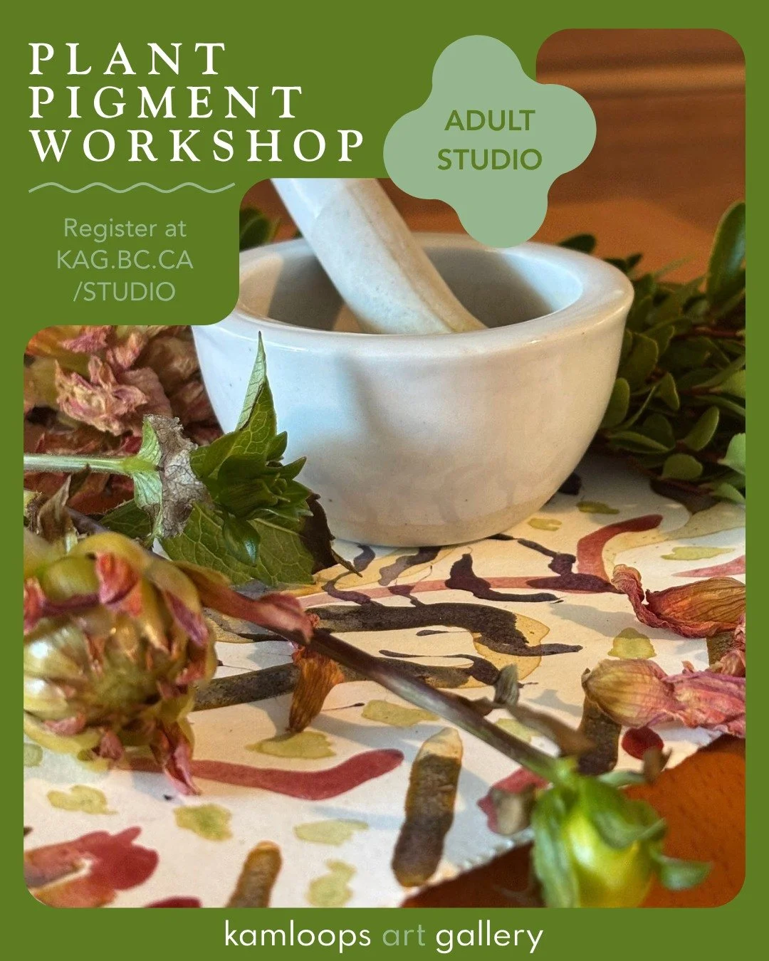 🌼Join us in our Studios for a hands-on introduction to making botanical inks 🖌️ 

Plant Pigment Workshop 
Thursday, October 29 
6:00 to 8:00 pm 
Adult Studio 
Pay-What-You-Can // $20 &ndash; 40 
Register at kag.bc.ca/studio 

Learn the multi-step p