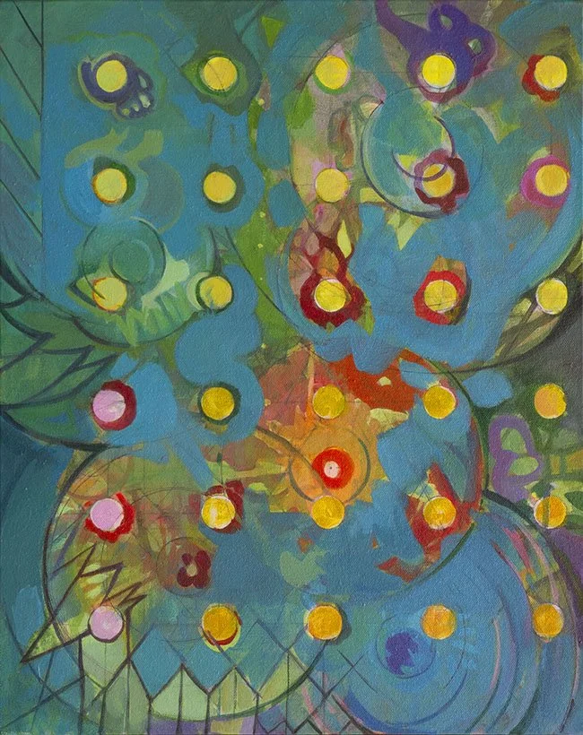 Circles and Expansion, Acrylic, pen and pencil on canvas, 16 x 20 x 1-1/4“ depth, 2019