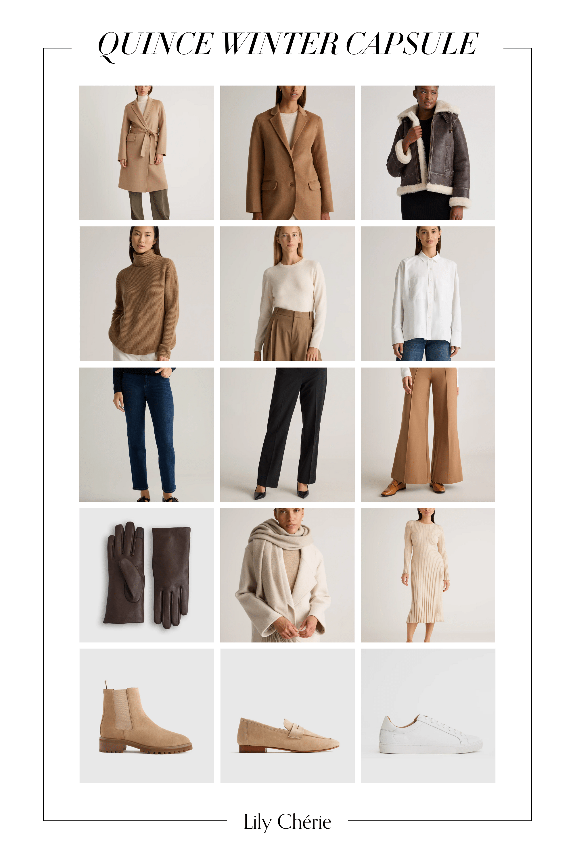   Wool coat  /  Wool blazer  /  Shearling bomber jacket  /  Turtleneck sweater  /  Crewneck sweater  /  Cotton shirt  /  Jeans  /  Crepe pants  /  Wide-leg pants  /  Leather gloves  /  Knit scarf  /  Knit dress  /  Chelsea boots  /  Loafers  /  Sneakers  