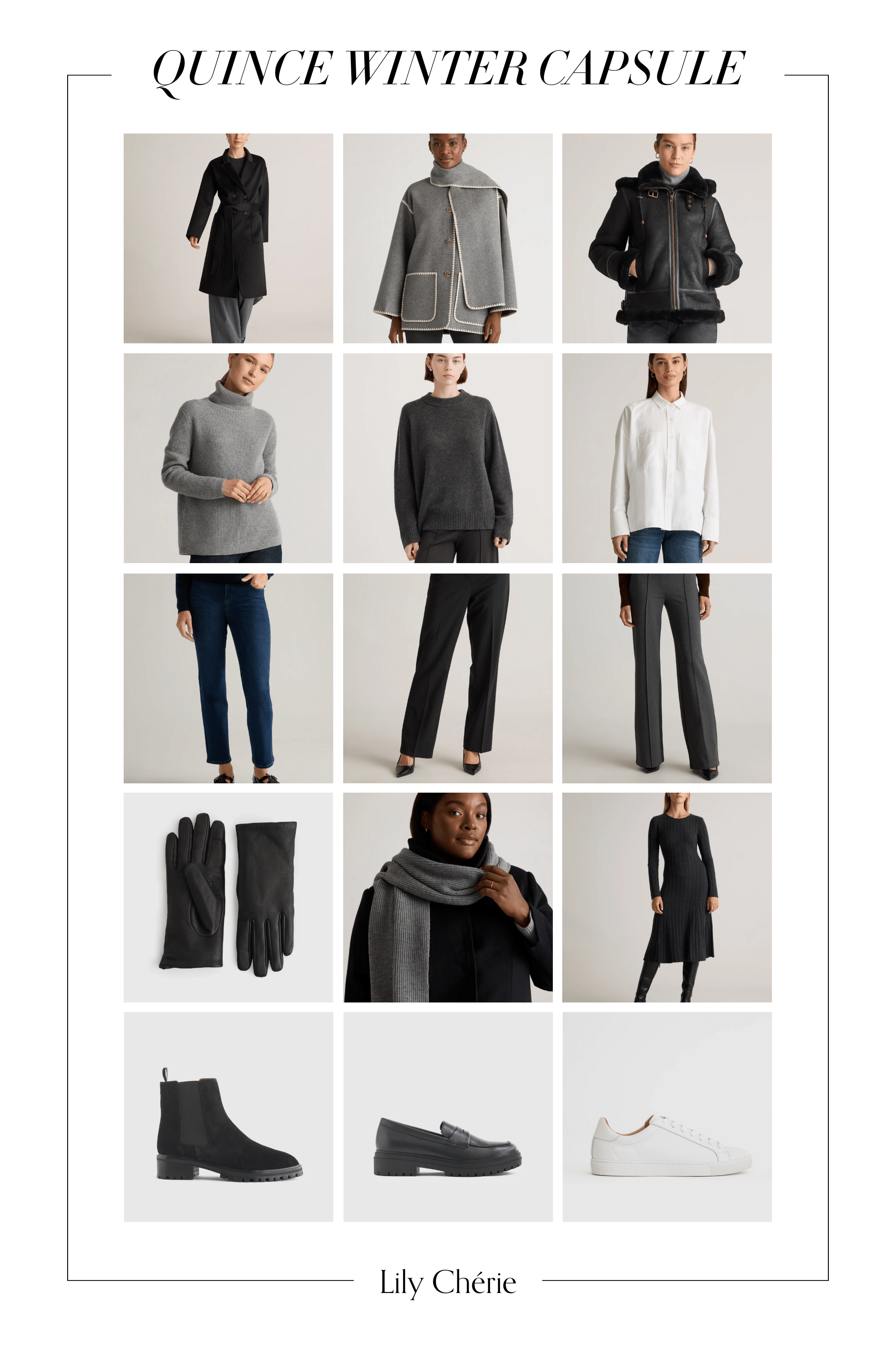   Wool&nbsp;coat  /  Scarf coat  /  Shearling bomber jacket  /  Turtleneck sweater  /  Crewneck sweater  /  Cotton shirt  /  Jeans  /  Crepe pants  /  Wide-leg pants  /  Leather gloves  /  Knit scarf  /  Knit dress  /  Chelsea boots  /  Loafers  /  Sneakers  