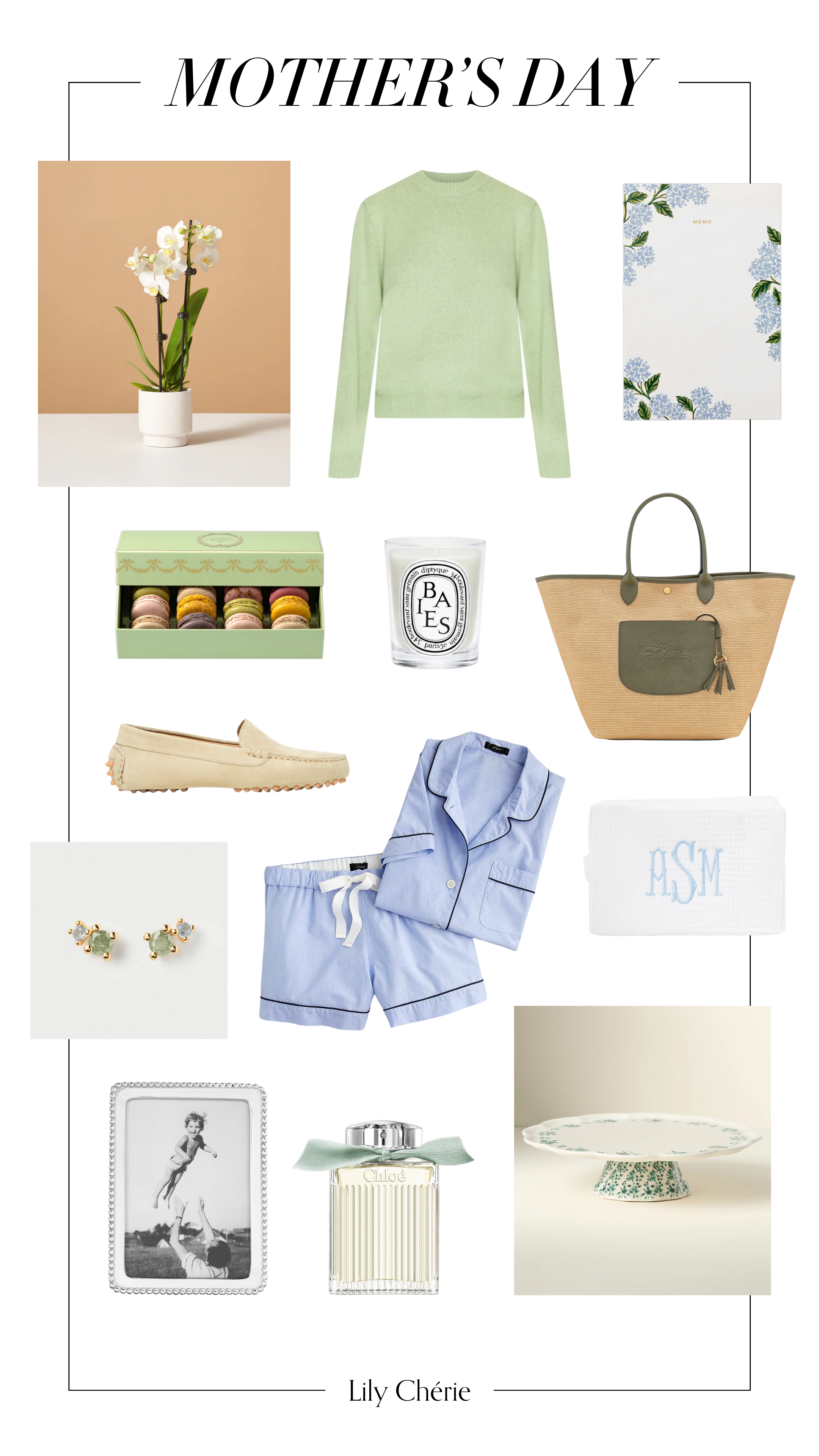   White orchid  |  Crew pullover  |  Notepad  |  Macarons box  |  Diptyque candle  |  Basket bag  |  Suede moccasin  |  Pajama set  |  Toiletry bag  |  Stud earrings  |  Beaded frame  |  Eau de parfum  |  Cake stand  
