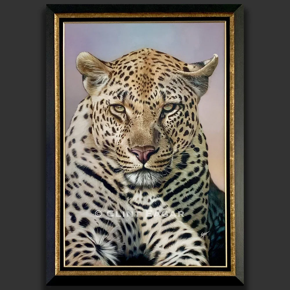 realistic leopard portrait painting in a black frame, luxury wildlife wall art for modern interiors. (Copy)