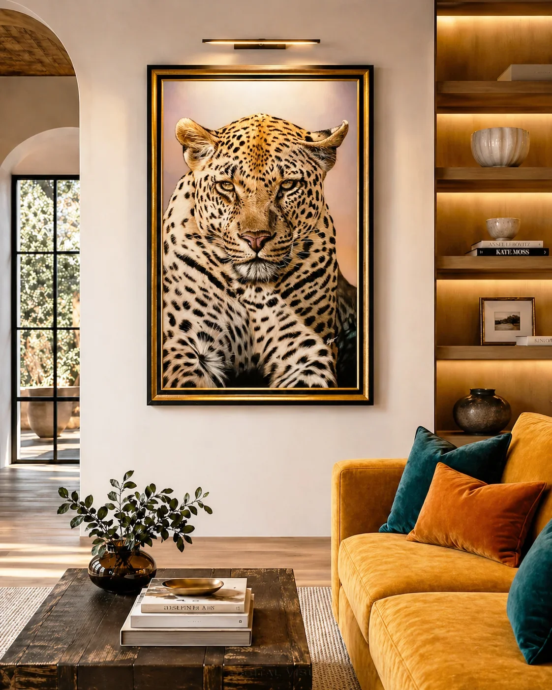 large leopard wall art painting hanging above a mustard sofa in a contemporary living room. (Copy)