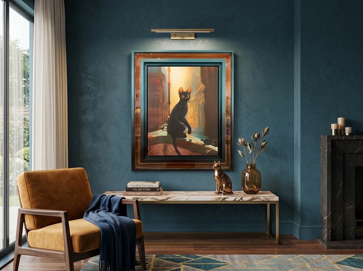 Clint Eagar's licensed artwork inspired by the Oscar-winning film Flow, shown in a luxury room setting with a framed cat.