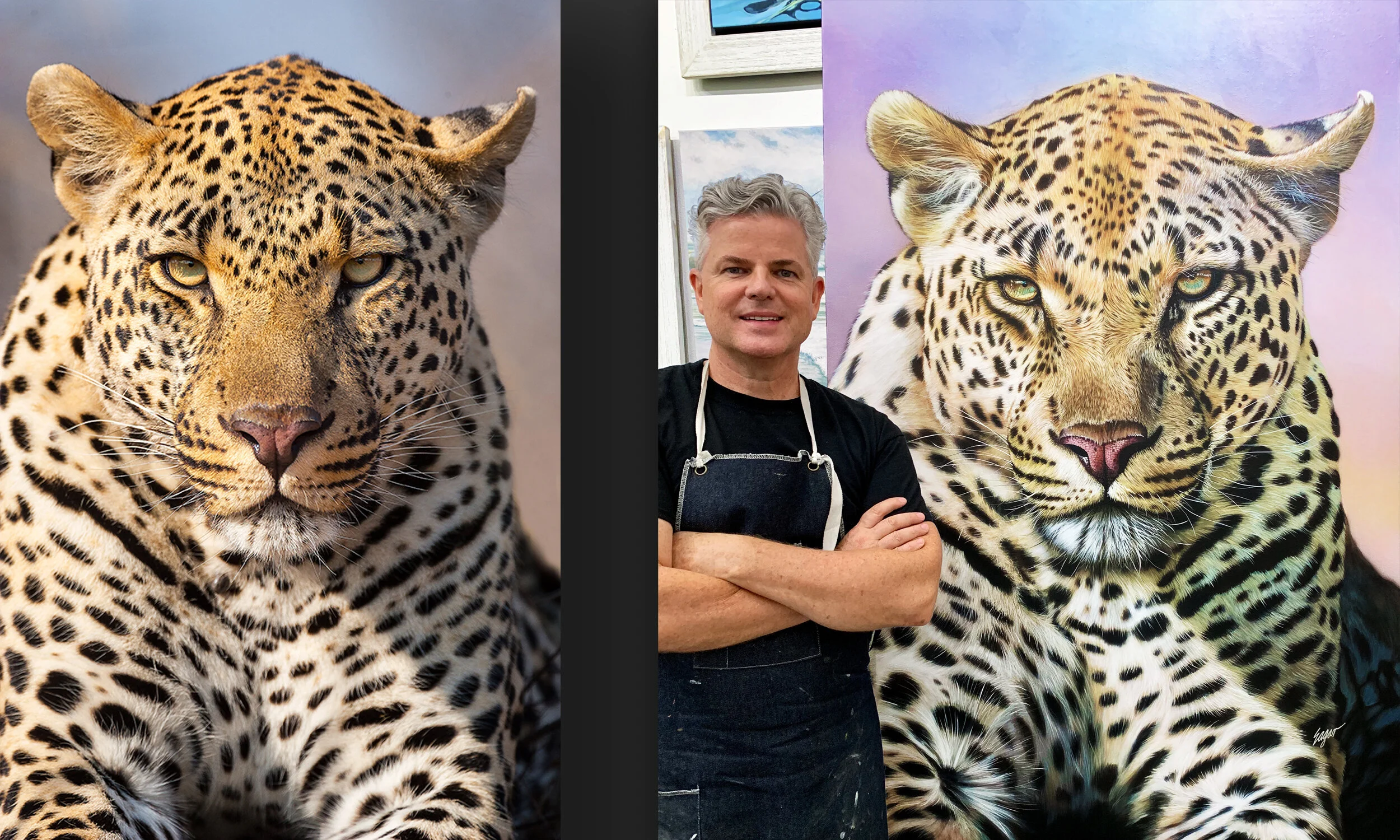 Bruce Finocchio’s reference photo of Tugwaan 5:4 beside Clint Eagar with the finished original acrylic leopard painting.