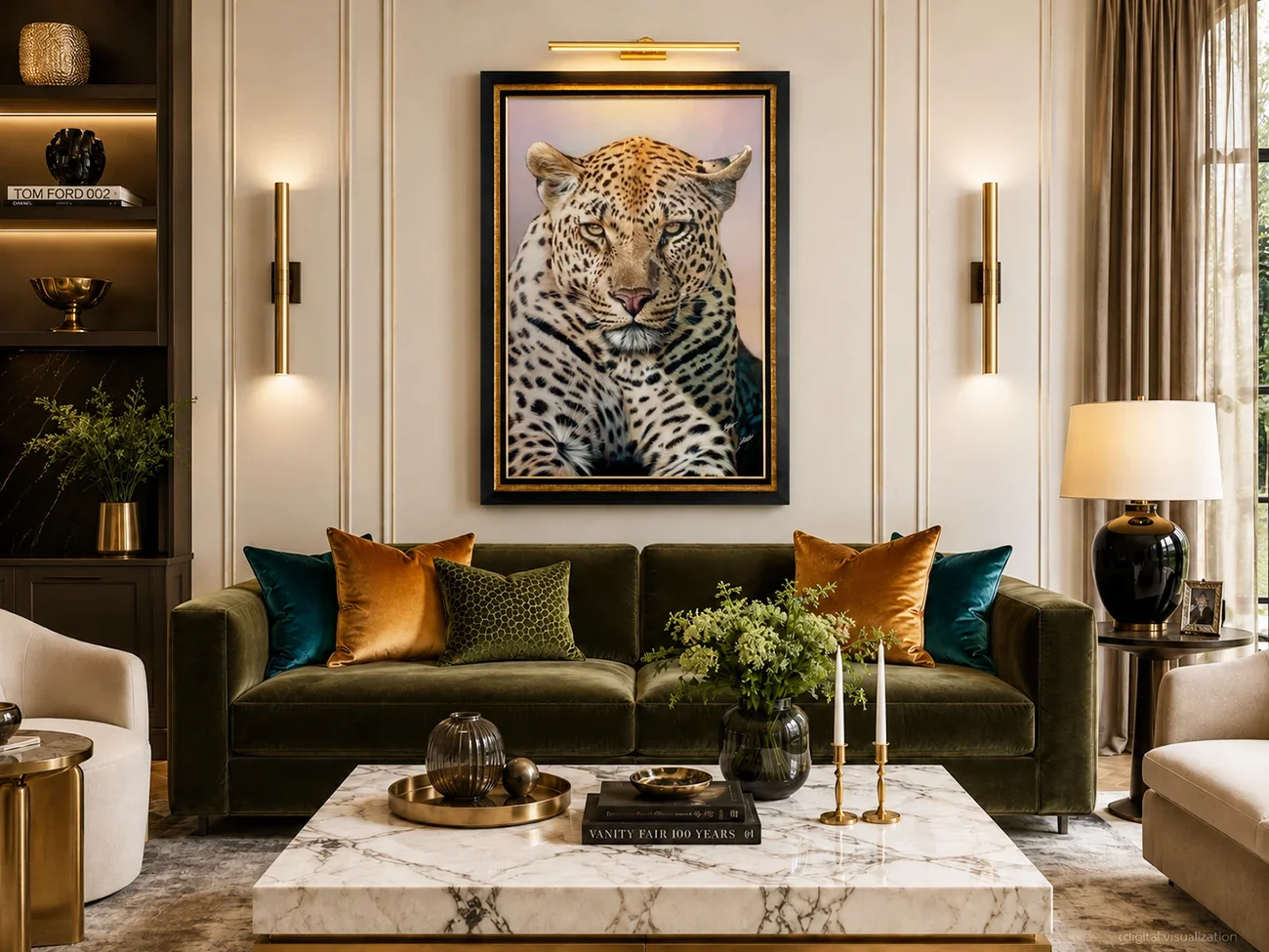 A large framed leopard fine art print by Clint Eagar styled above a cream sofa in a luxury living room interior.