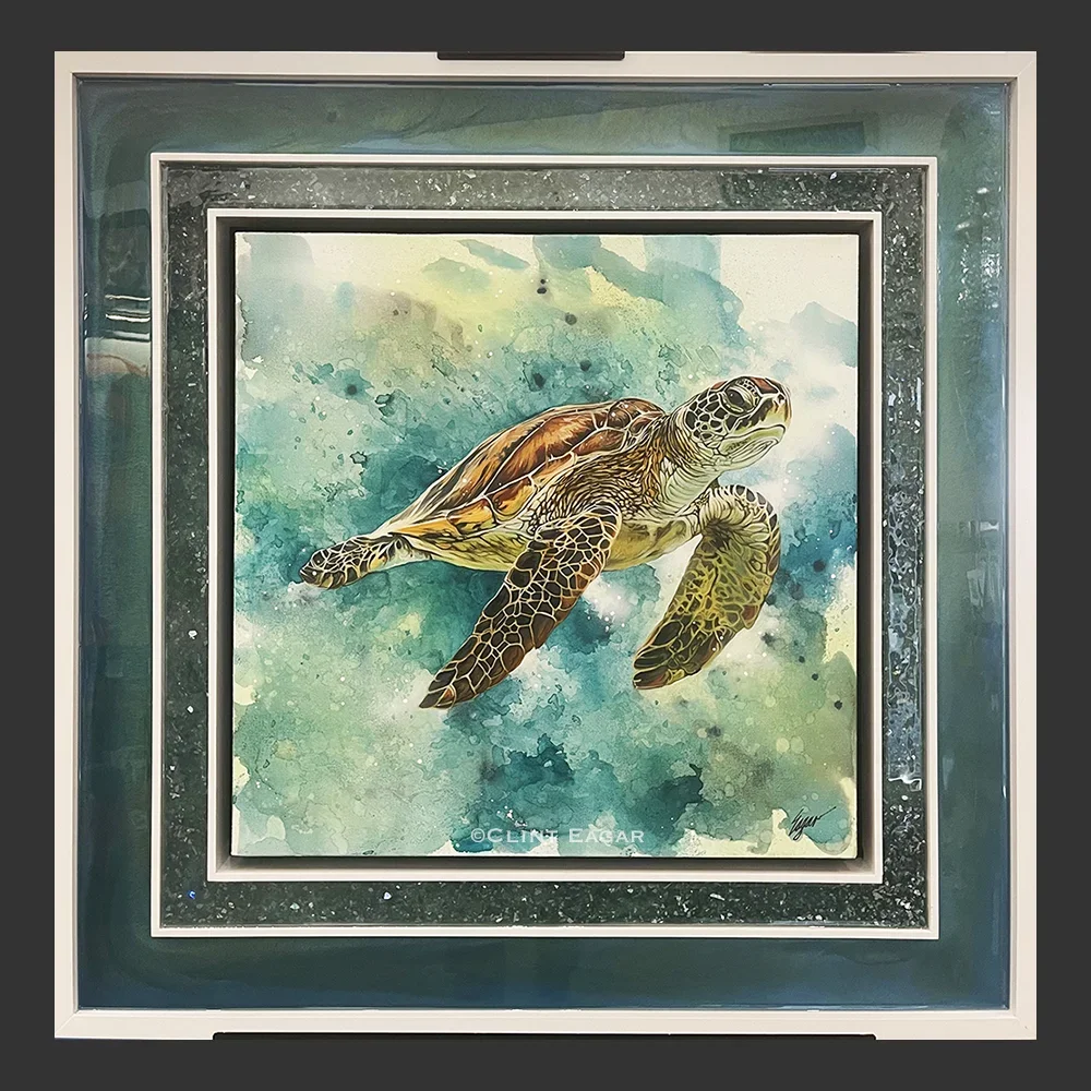 Coastal Drifter by Clint Eagar in a custom mixed media teal frame with crushed glass and white wooden frame.