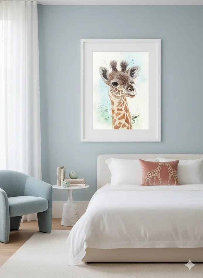 Baby giraffe watercolor by Clint Eagar in a white frame, displayed above a bed in a soft blue coastal bedroom.