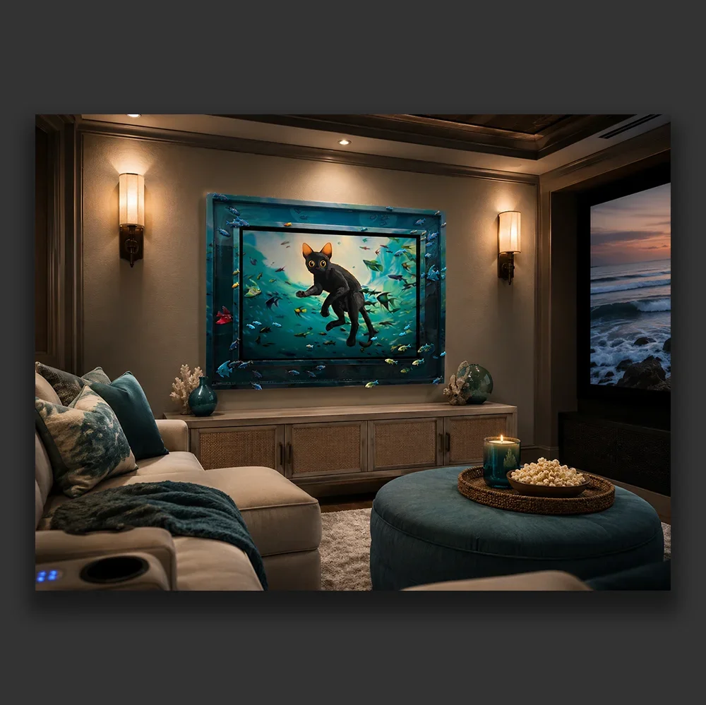 Into the Current by Clint Eagar, a Flow film cat painting in a teal frame, displayed in a luxury coastal home theater.