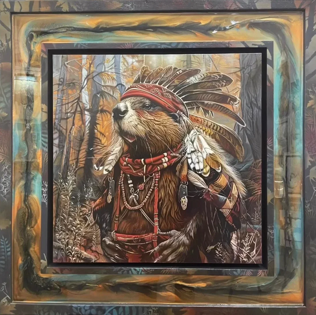 Woodland Shaman original wildlife painting by Clint Eagar at our 30A gallery, displayed in a custom handmade frame with swirling teal and amber tones.