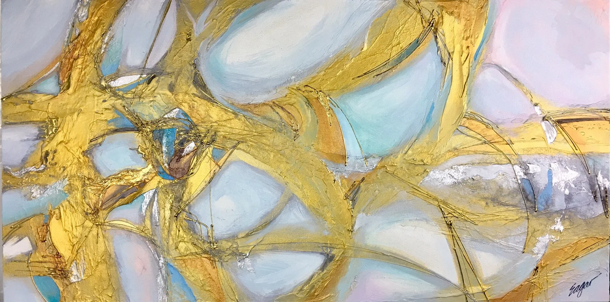 a 24x48" abstract painting with sweeping gold brushstrokes and pale blue washes, mixed media on canvas by Clint Eagar.
