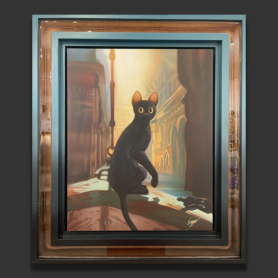 Original licensed acrylic painting of the black cat from the Oscar-winning film Flow, showcased in a teal and copper custom handmade frame by Clint Eagar.