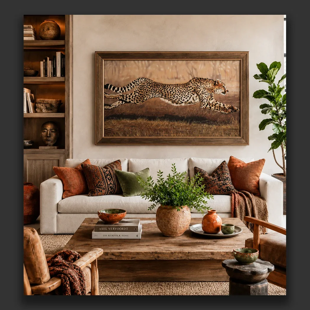Pursuit by Clint Eagar, a cheetah sprint painting in a wide walnut frame above a sofa in a warm earthy living room.