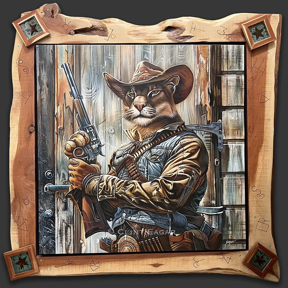 Mountain lion in a cowboy hat and gunslinger gear, acrylic painting by Clint Eagar in a rustic live-edge wooden frame.