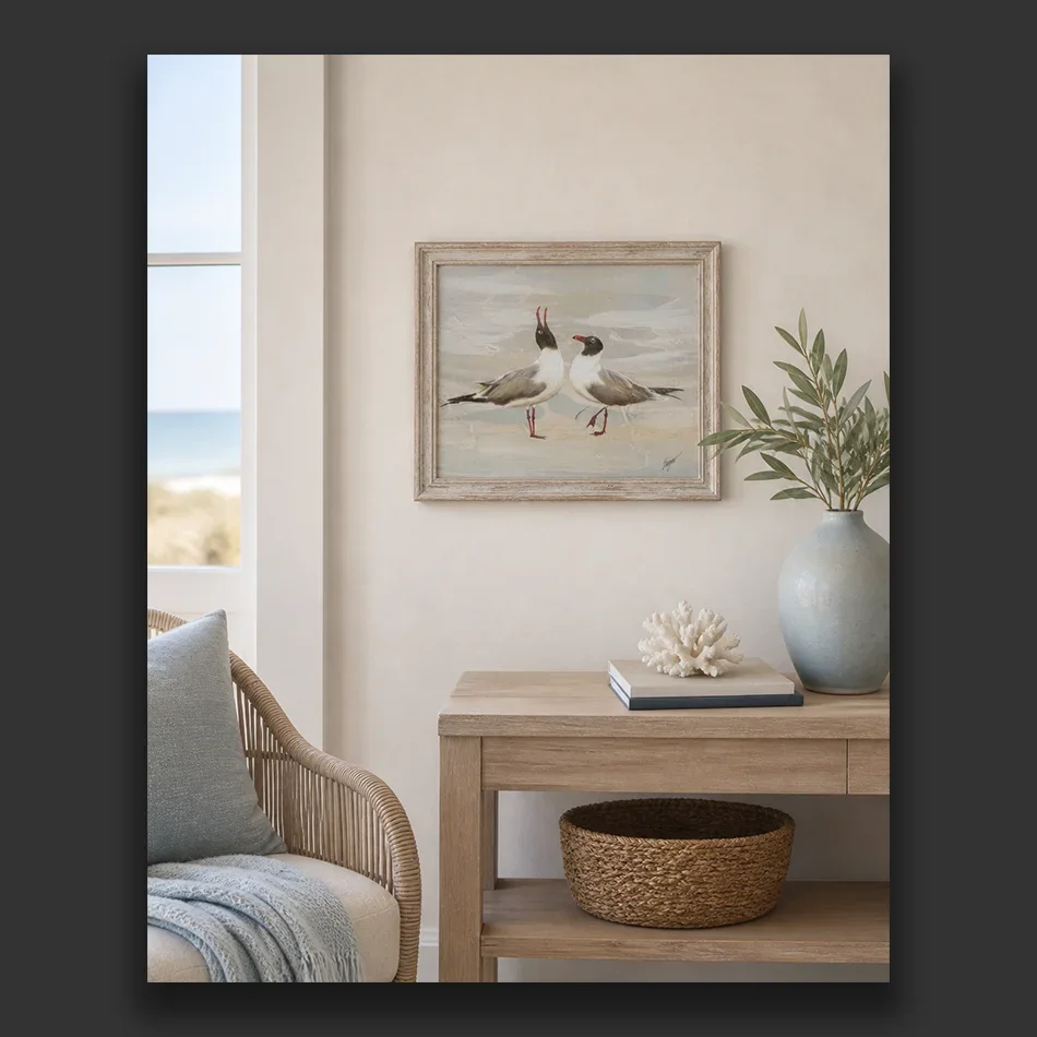 Original coastal painting of two laughing gulls by Clint Eagar, displayed in a luxury 30A home setting. Available at Clint Eagar Design art gallery, a premier fine art gallery on 30A, ship nationwide.