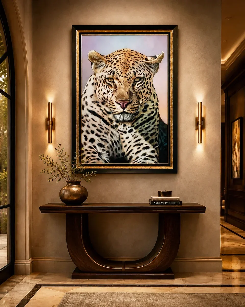 A virtually staged luxury foyer showing how a large leopard painting can create a dramatic focal point in an elegant entryway.