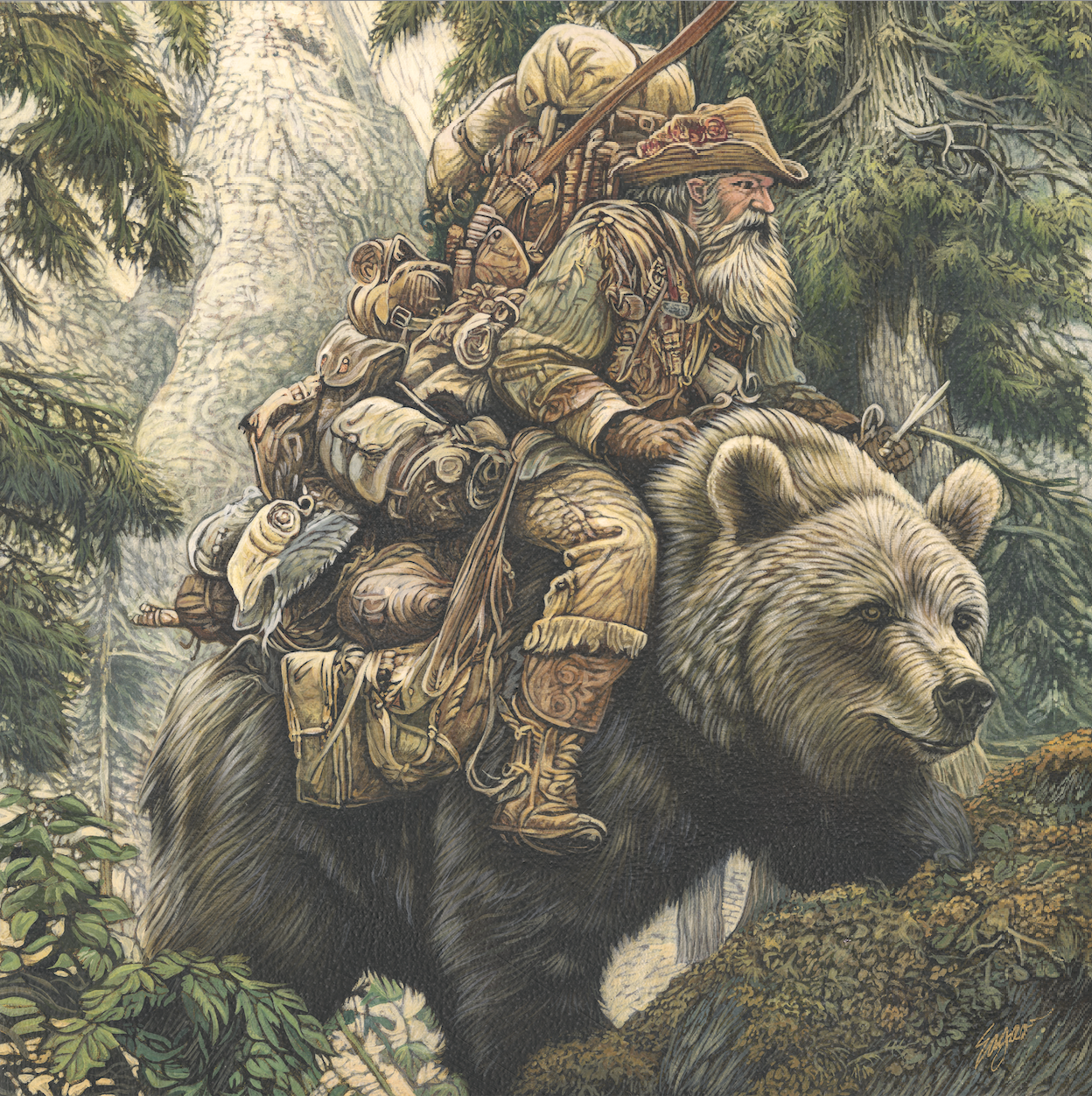 A highly detailed western wildlife painting of a rugged mountain man riding on the back of a large grizzly bear, titled Mountain Man by Clint Eagar.