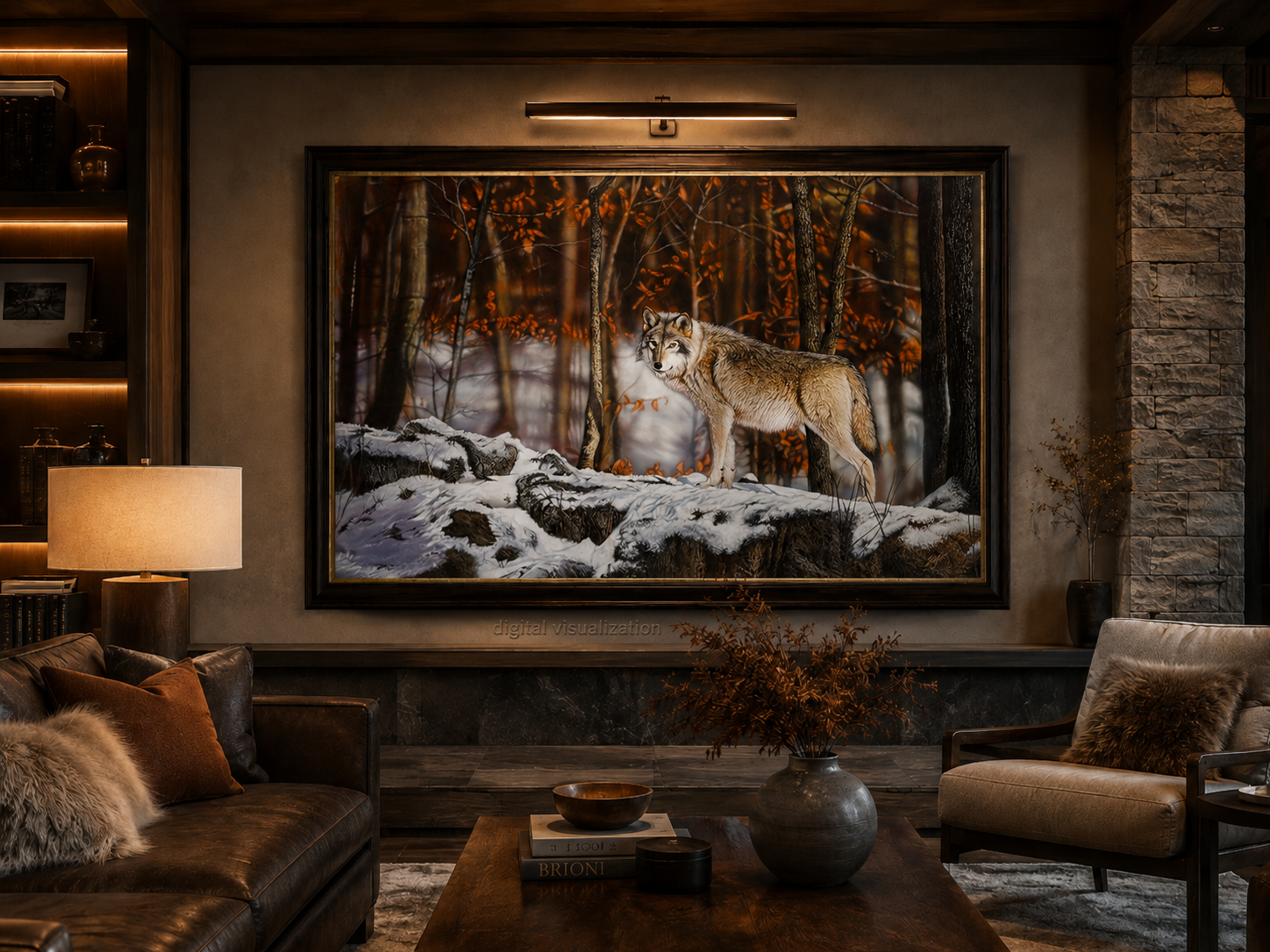 Hyper-realistic timber wolf painting Majestic Guardian by Clint Eagar displayed in a luxury rustic-modern lodge living room.