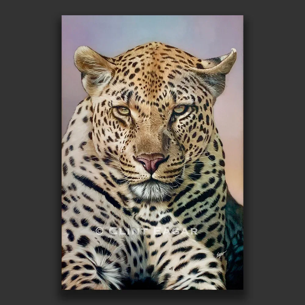 close-up leopard canvas art print with soft pastel background, fine art wildlife decor by clint eagar. (Copy)