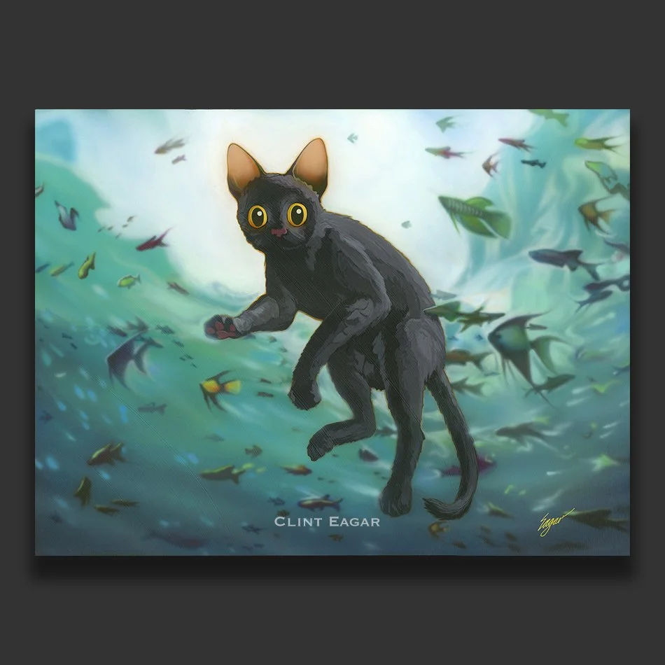 A black cat with golden eyes drifts weightlessly among colorful tropical fish in a teal aquatic dreamscape, an original licensed acrylic painting by Clint Eagar based on the animated film Flow.
