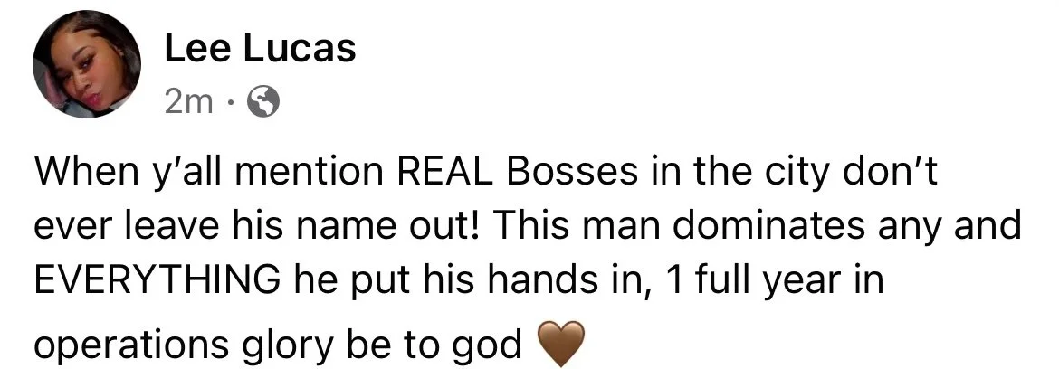 Screenshot of a Facebook post by Lee Lucas praising a boss for their dedication, mentioning they don't leave their name out and have been in operations for a year, with a brown heart emoji.