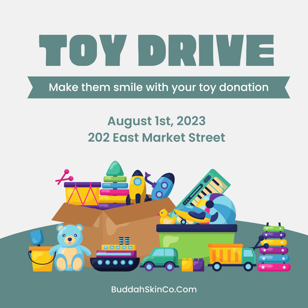 Flyer for a toy drive event on August 1st, 2023, at 202 East Market Street, with illustrations of toys including a teddy bear, stacking rings, a toy boat, a xylophone, a rubber duck, toy cars, building blocks, and other colorful toys.