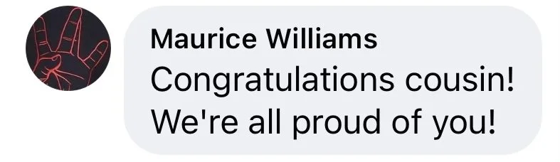 Text message congratulating Maurice Williams for becoming a cousin, with a dark background and a neon red peace sign illustration as the profile picture.