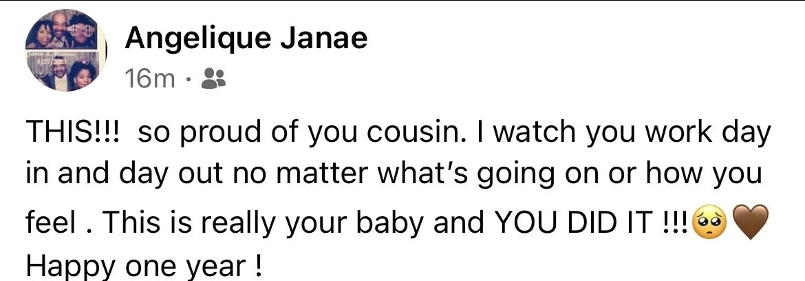 Screenshot of a Facebook post from Angelique Janae celebrating her cousin's one-year milestone with a congratulatory message.