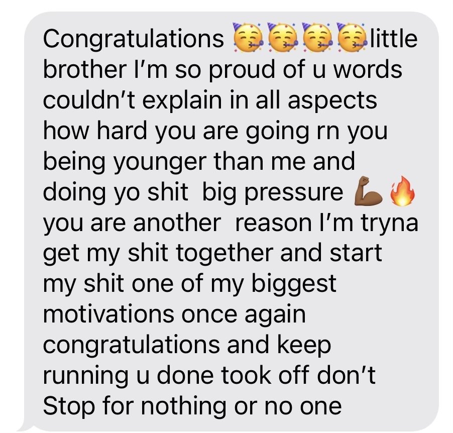 Text message congratulating a little brother, with emojis of party face, flexed arm, fire, and celebratory symbols.