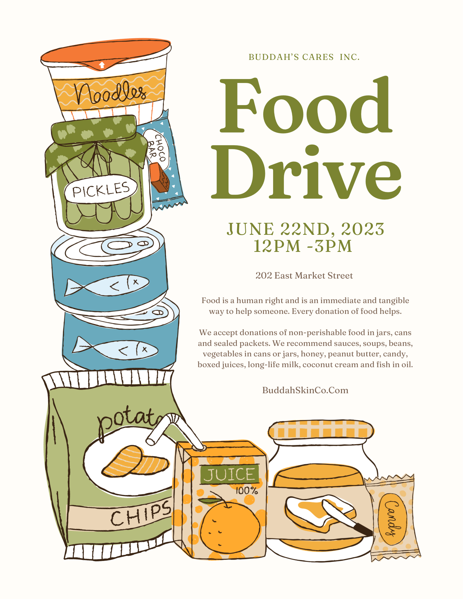 Flyer for a food drive event on June 22nd, 2023, from 12 pm to 3 pm at 202 East Market Street. Illustration of canned goods, boxed snacks, fresh produce, and other food items.