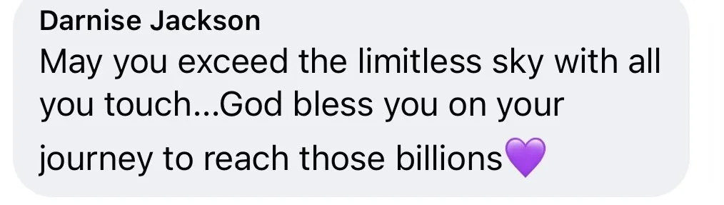 Text message from Darnise Jackson wishing success and blessings, ending with a purple heart emoji.