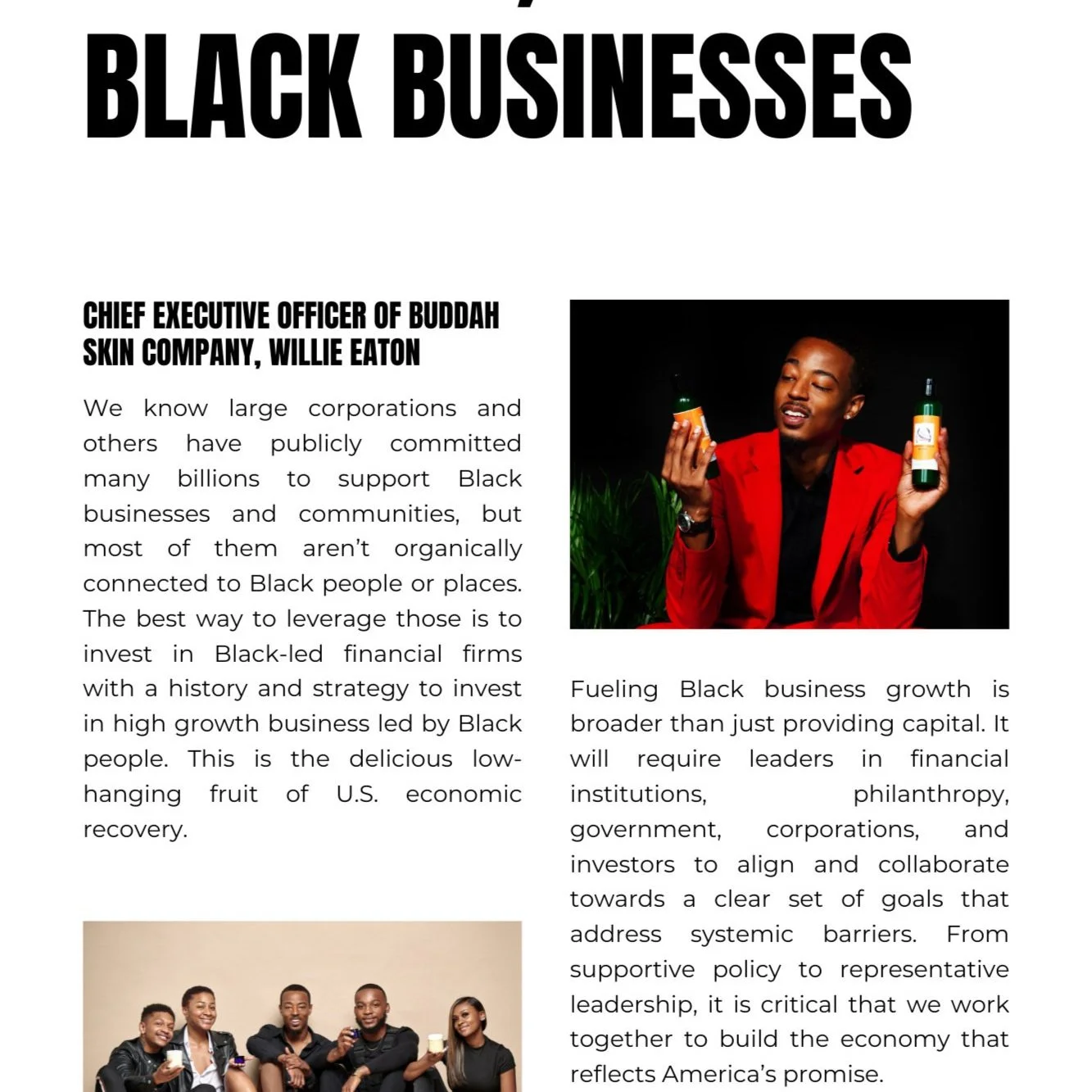 Article titled 'Black Businesses' with a photo of a man in a red jacket holding two bottles, and a group of five Black people smiling and holding cups.