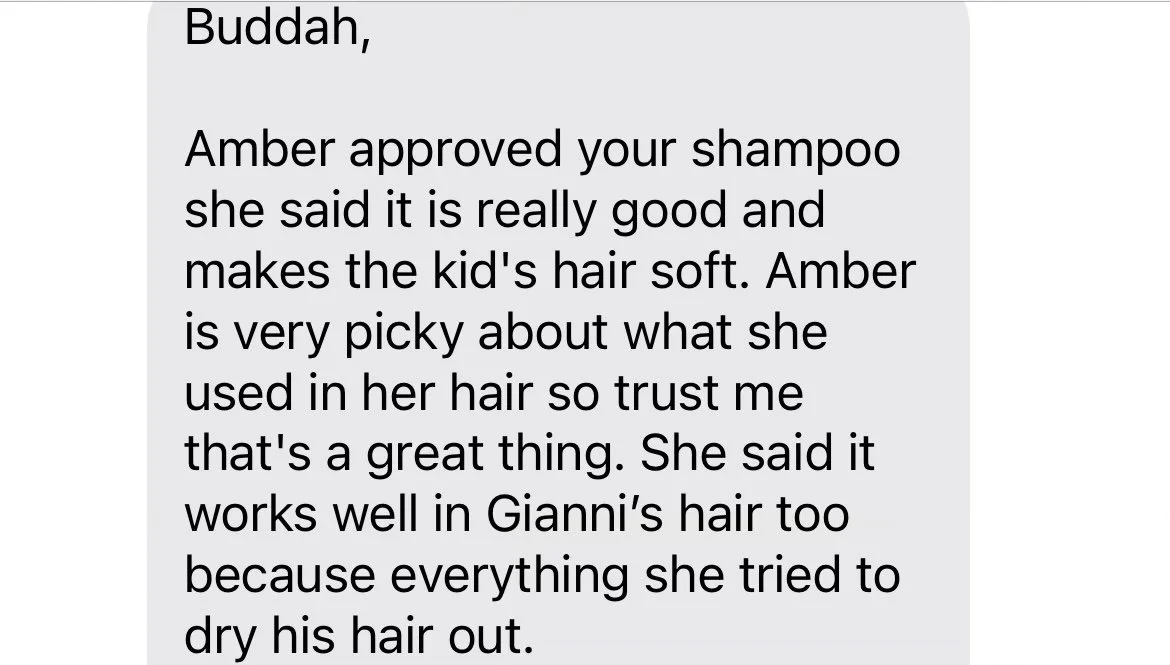 A screenshot of a text message conversation about hair care products and preferences.