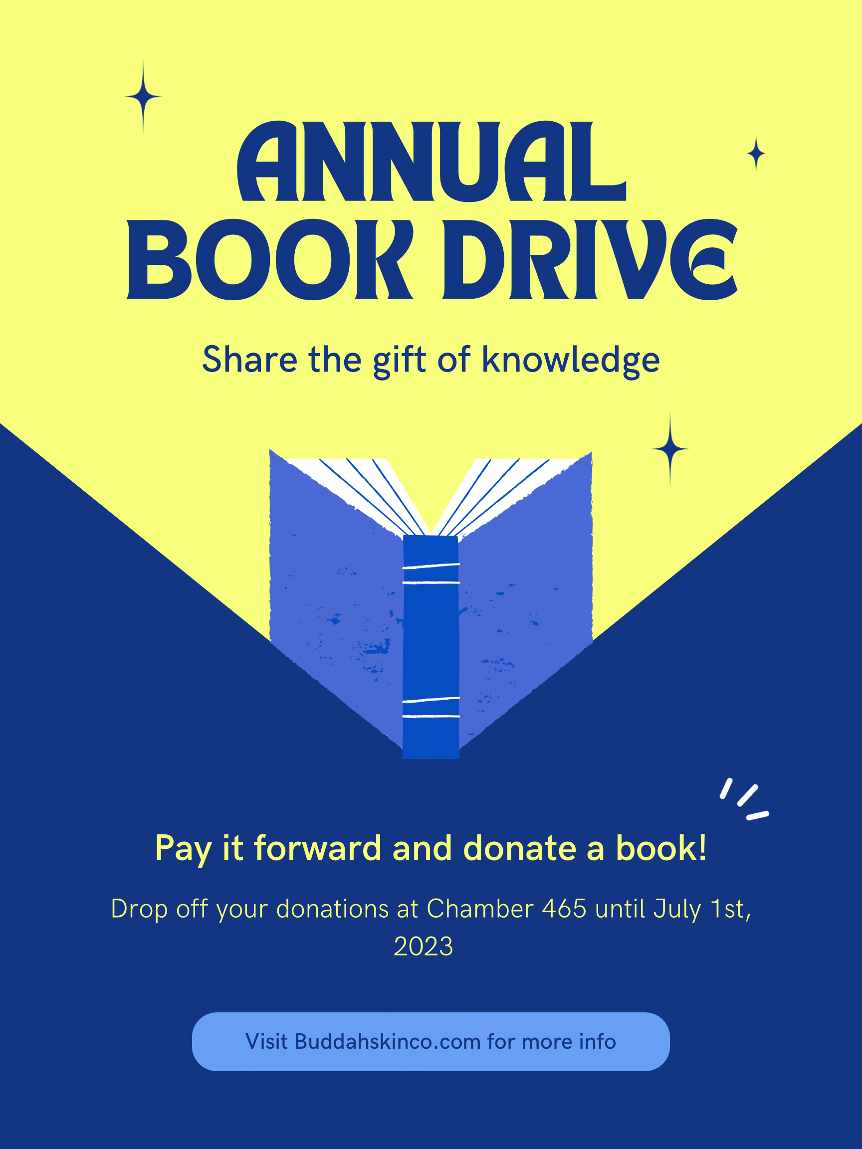 A digital flyer encouraging donations for a book drive. Features a blue and yellow color scheme, an open book graphic, and text that says 'Annual Book Drive.' Provides instructions to drop off donations at Chamber 465 until July 1st, 2023, and includ
