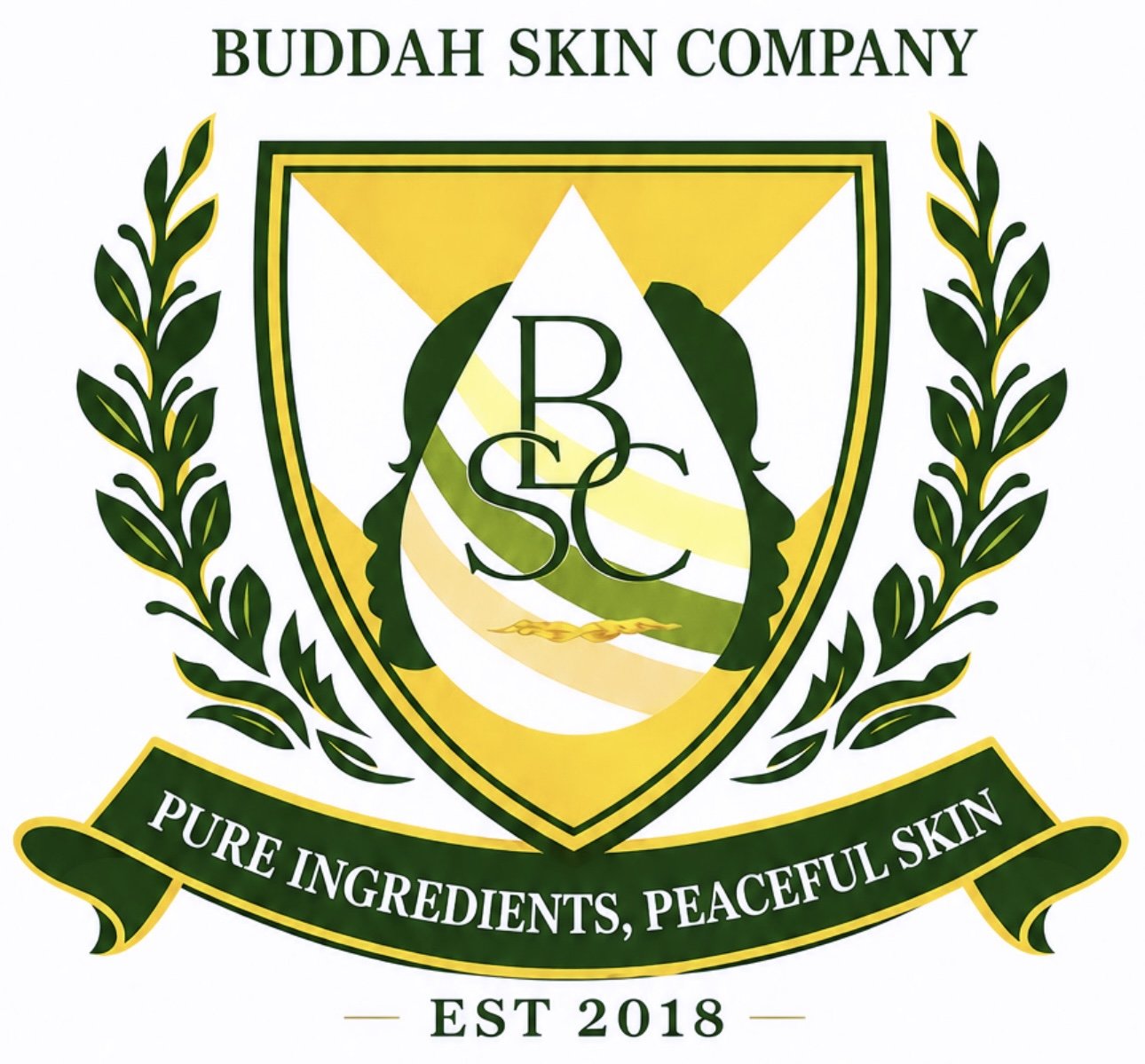 Logo of Buddah Skin Company featuring a shield with a leaf wreath, a droplet shape, and the initials B S C. The slogan 'Pure ingredients, peaceful skin' and the establishment year 2018 are also included.