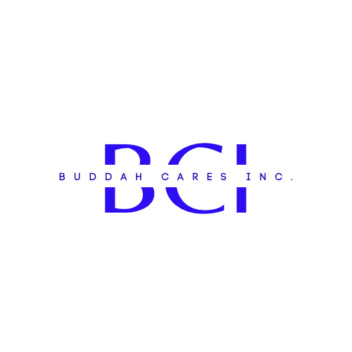 Logo for Buddah Cares Inc. with stylized letters 'BC' and the company name underneath in purple text.
