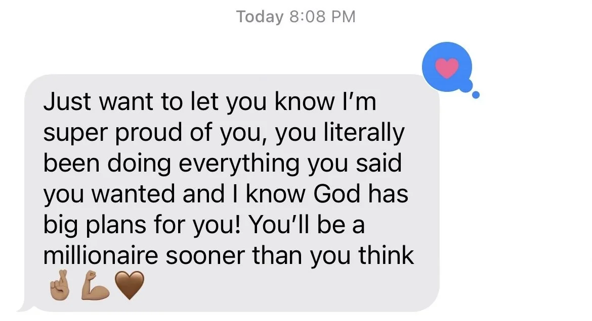 Text message with a blue thought bubble containing a pink heart icon, showing support and encouragement.