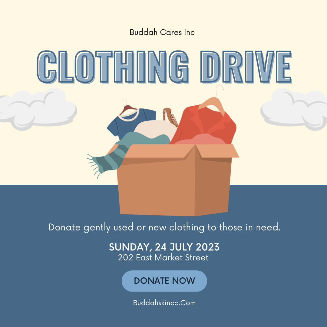 Flyer for a clothing drive event by Buddhah Cares Inc, showing a box filled with used or new clothing against a background with clouds, event details including date, location, and a donation button.