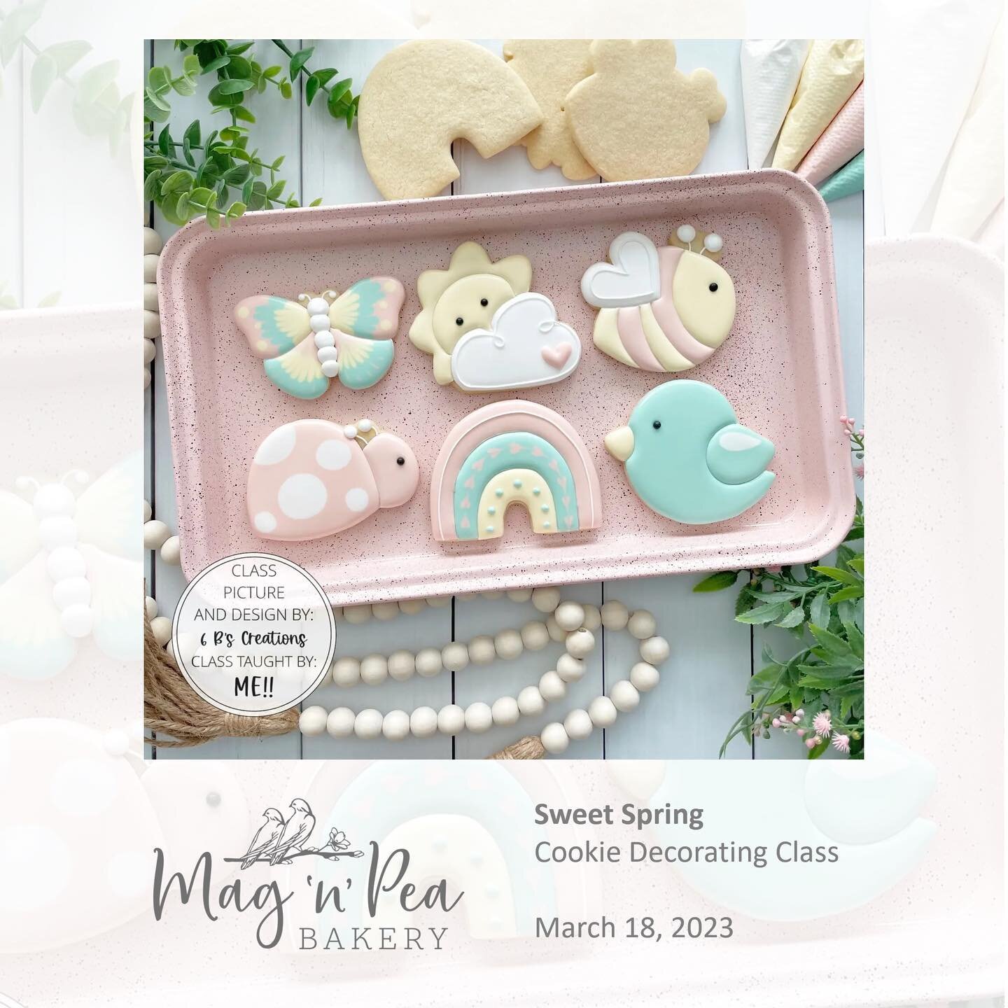 Learn how to decorate your own adorable cookies with this Sweet Spring set on SATURDAY, MARCH 18 (two class time options)

Register online
MagNPeaBakery.com/classes

These classes are perfect for beginners - no prior cookie decorating experience is n