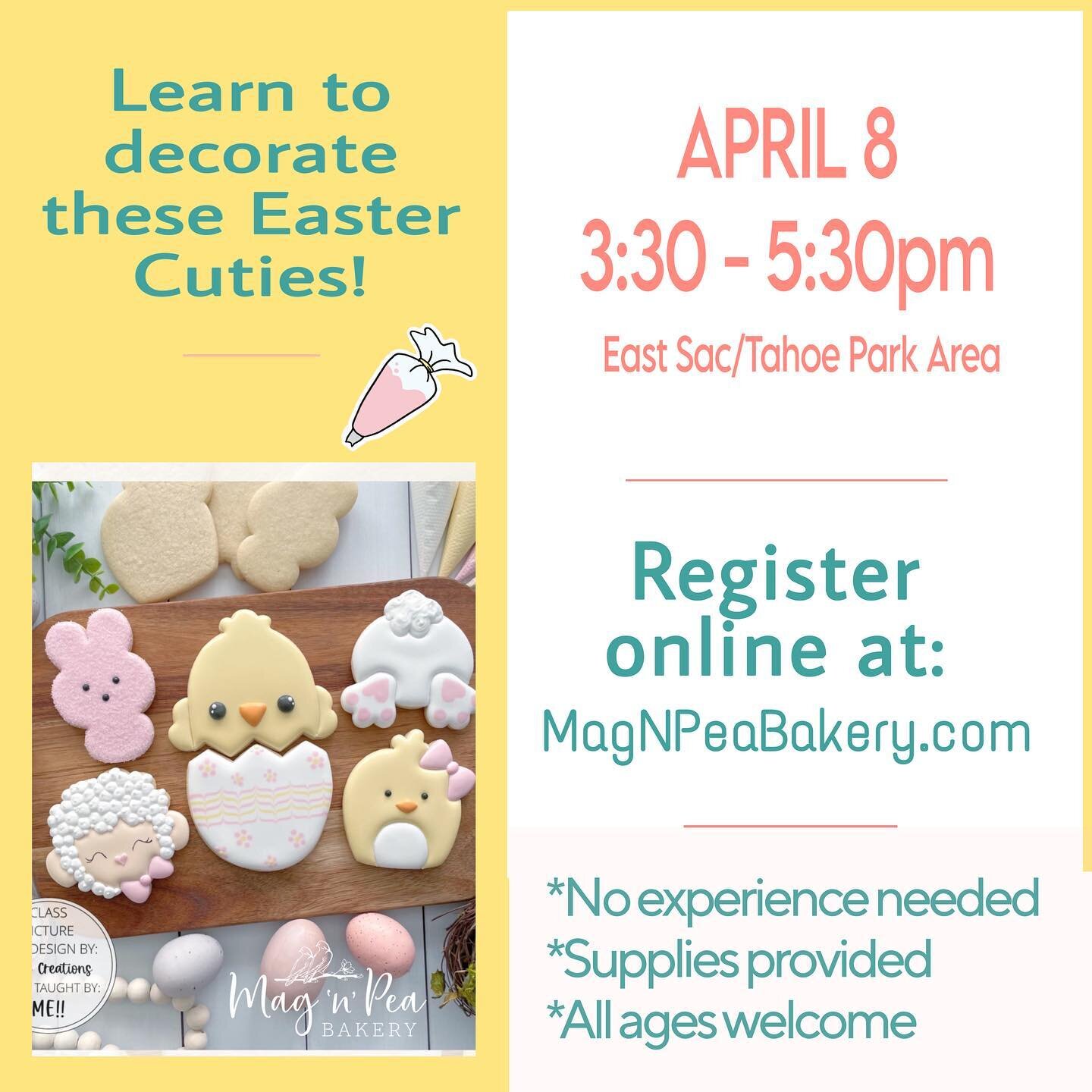 Registration closes soon!

Learn how to decorate your own adorable Easter Cuties set next SATURDAY, APRIL 8!

Register online
MagNPeaBakery.com/classes

This fun class is perfect for beginners - no prior cookie decorating experience is necessary and 