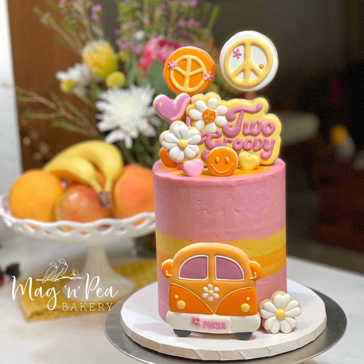 Two Groovy and Too Cute - if I do say so myself. This cake made me so happy. I love the colors and how it all came together.

@sugargeekshow SMBC is delicious and a go-to for me. @yolanda_gampp ultimate vanilla cake is another. 

Thanks to my awesome