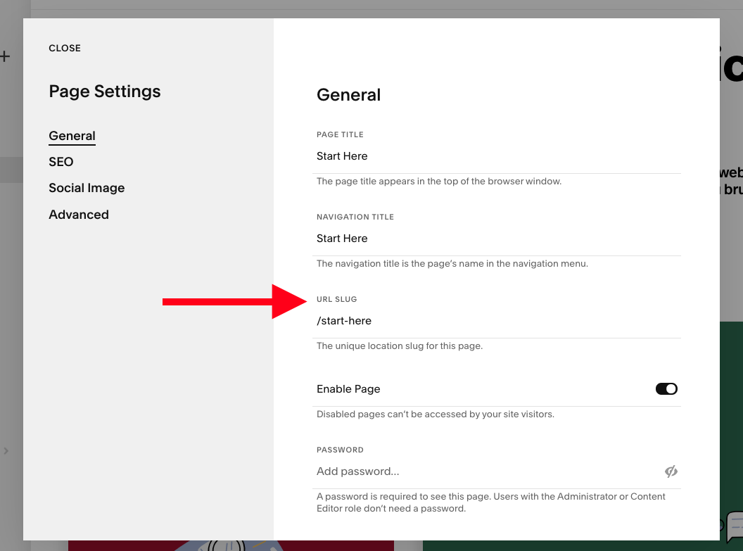 Page with red arrow, Squarespace customization, Spacebar Agency