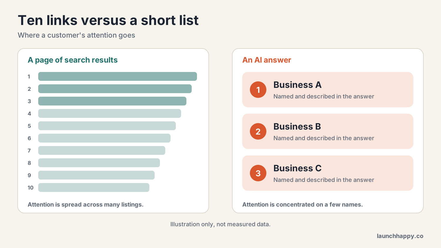 Comparison of a page of ten search result links, where attention is spread thin, against an AI answer naming three businesses, where each gets a larger share of attention.