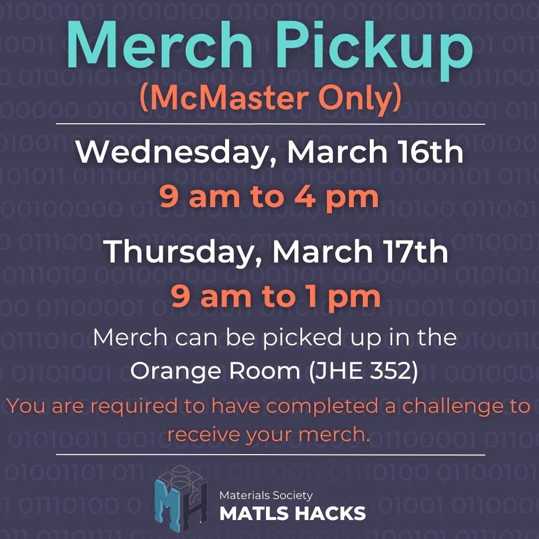 Merch for Mac Students!!!

Hey Mac students that participated in MatlsHacks, please come by at the specified times to pick up your MatlsHacks merch in the orange room (JHE 352) tomorrow 9AM-4PM and Thursday 9AM-1PM.

You are required to have complete